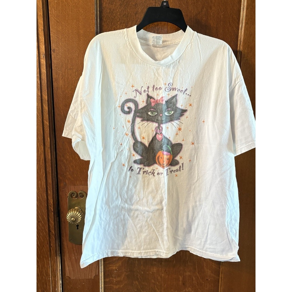 Retro Halloween Tee T Shirt White Cotton Cute Black Cat Jack O Lantern